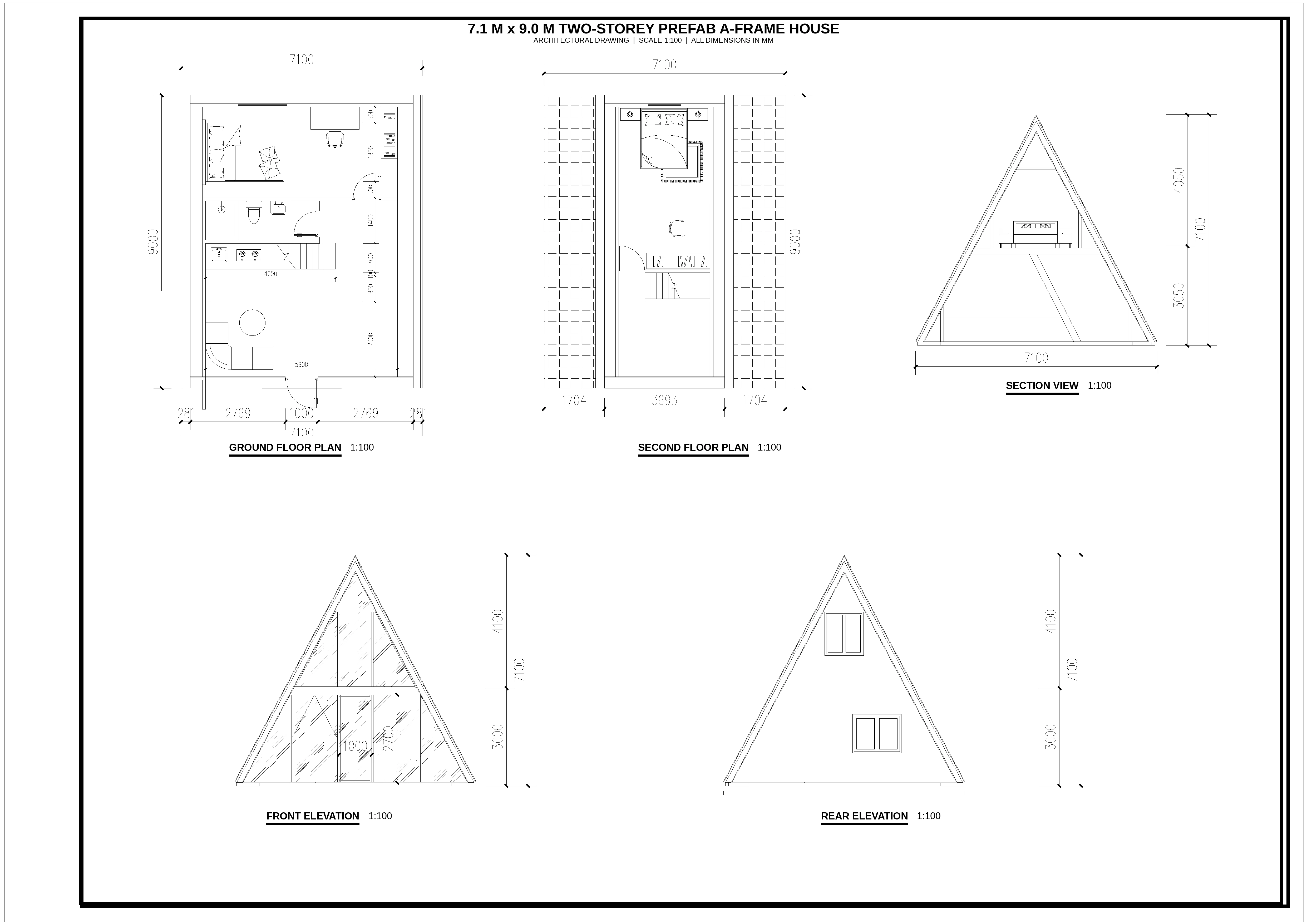 7.1×9米预制A字三角屋建筑图纸
