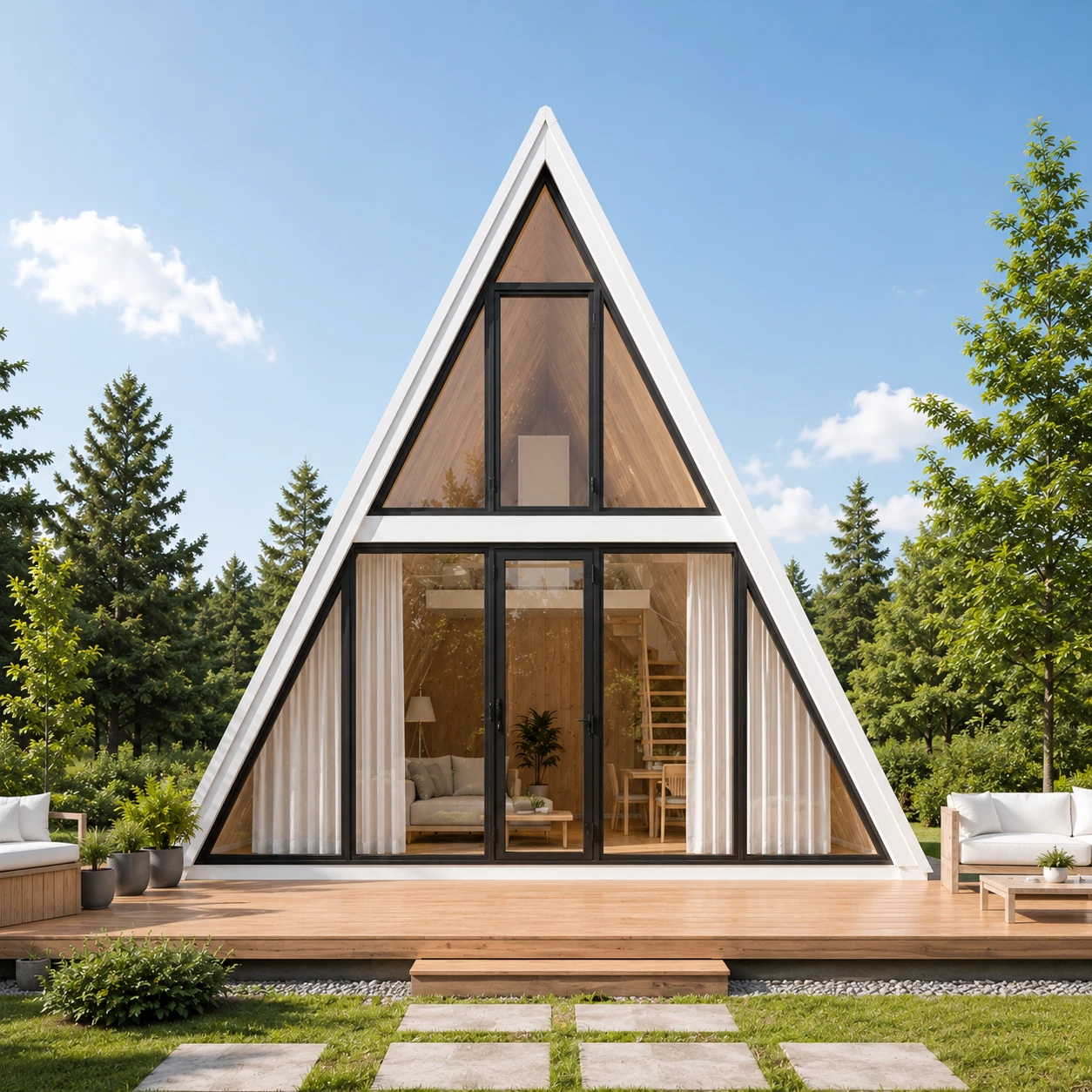 7.1×9米双层预制 A-Frame 三角屋正面外观