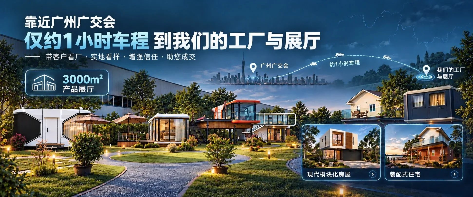 广交会附近模块化房屋工厂及3000平方米展厅，欢迎海外采购商与贸易合作伙伴预约看厂